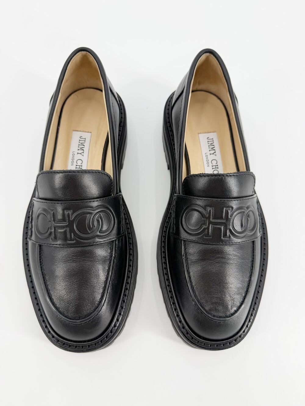 Jimmy Choo Black Leather CHOO Logo Loafers Lug Sole Size 36 EU 6 Box Dust Bag